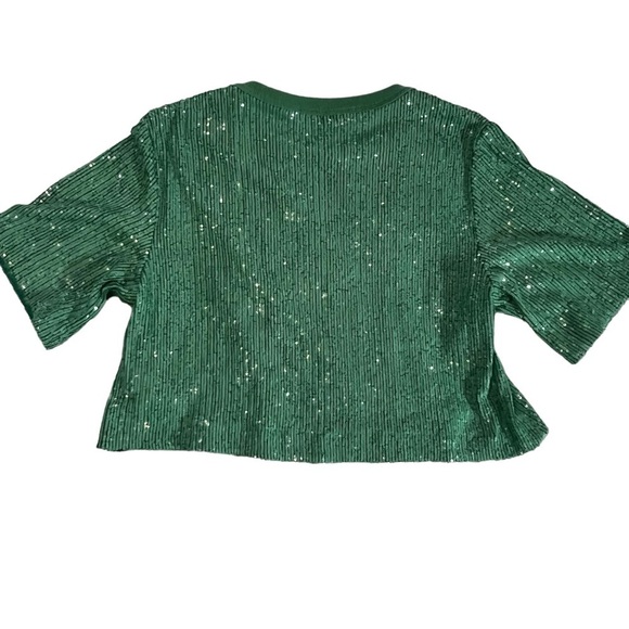 NWOT IN THE MOOD FOR LOVE Tanie Sequined Crewneck Top L Green Boxy Crop - Picture 13 of 15